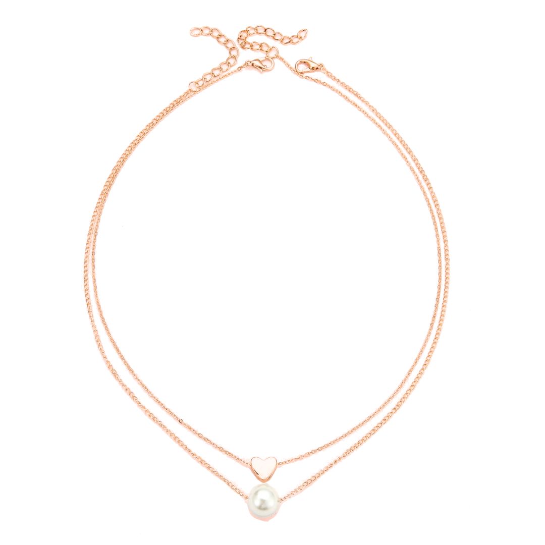 Small Heart & Pearl Double Rose Gold Layered Chain Necklace