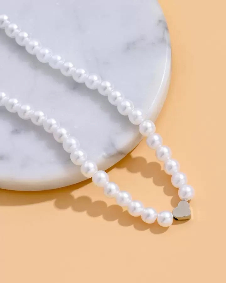 Pearl Silver Heart Love Necklace