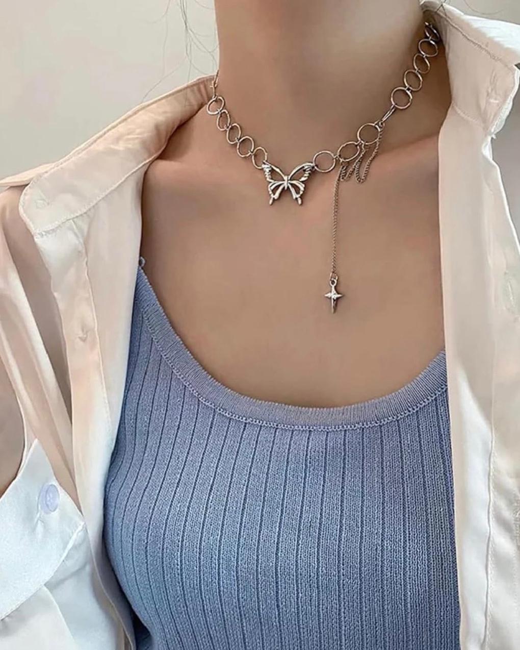 Butterfly Silver Rings Chain Style Necklace
