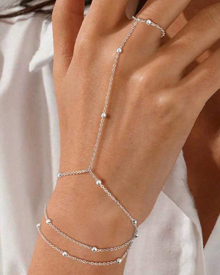 Triple Beaded Silver Ring Cum Chain Bracelet
