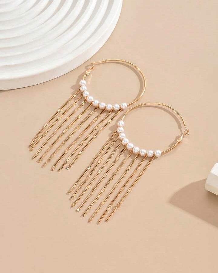 Round Hoop Earrings With Tassel Decoration