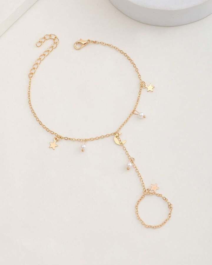 Moon Faux Pearl Pendant Finger Chain Bracelet