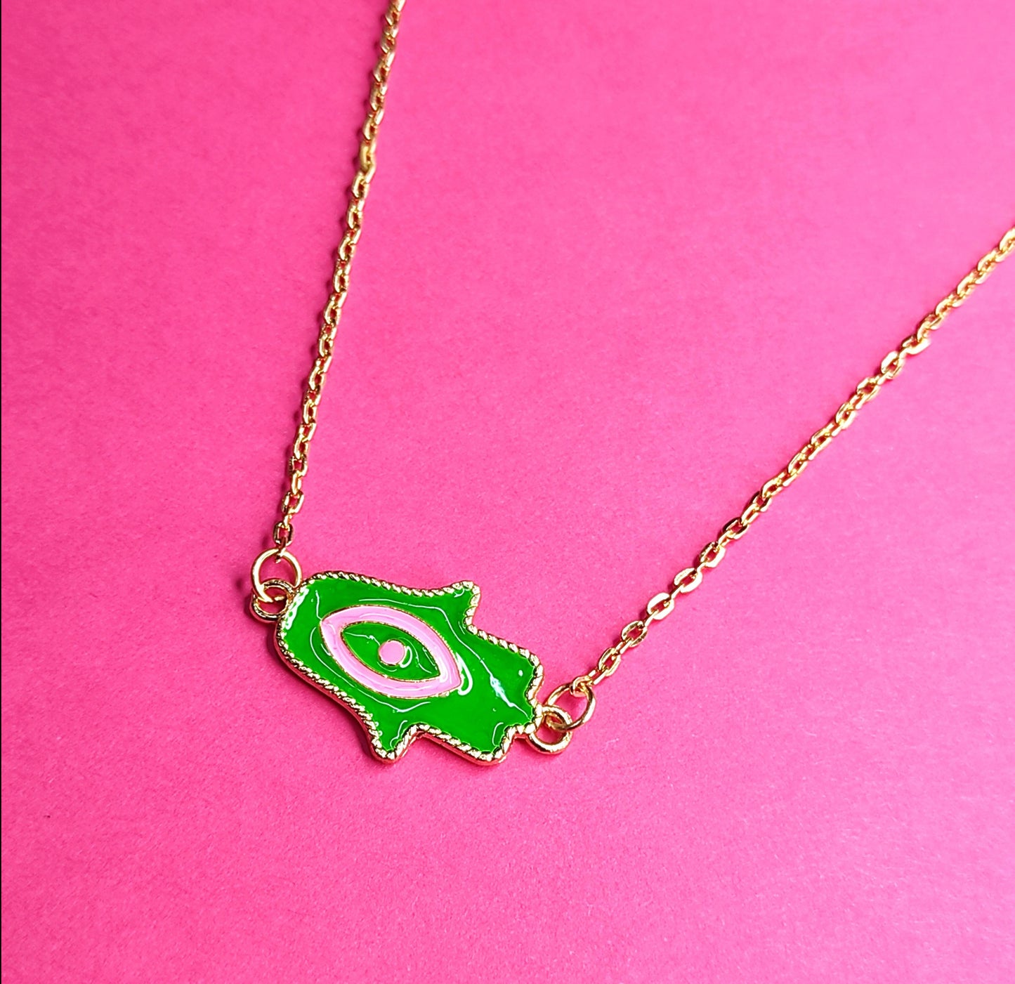 Green Pink Evil Eye Necklace