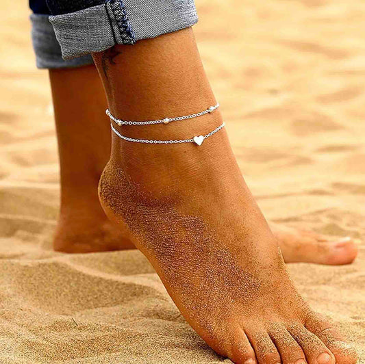 Double Chain Heart Silver Anklet