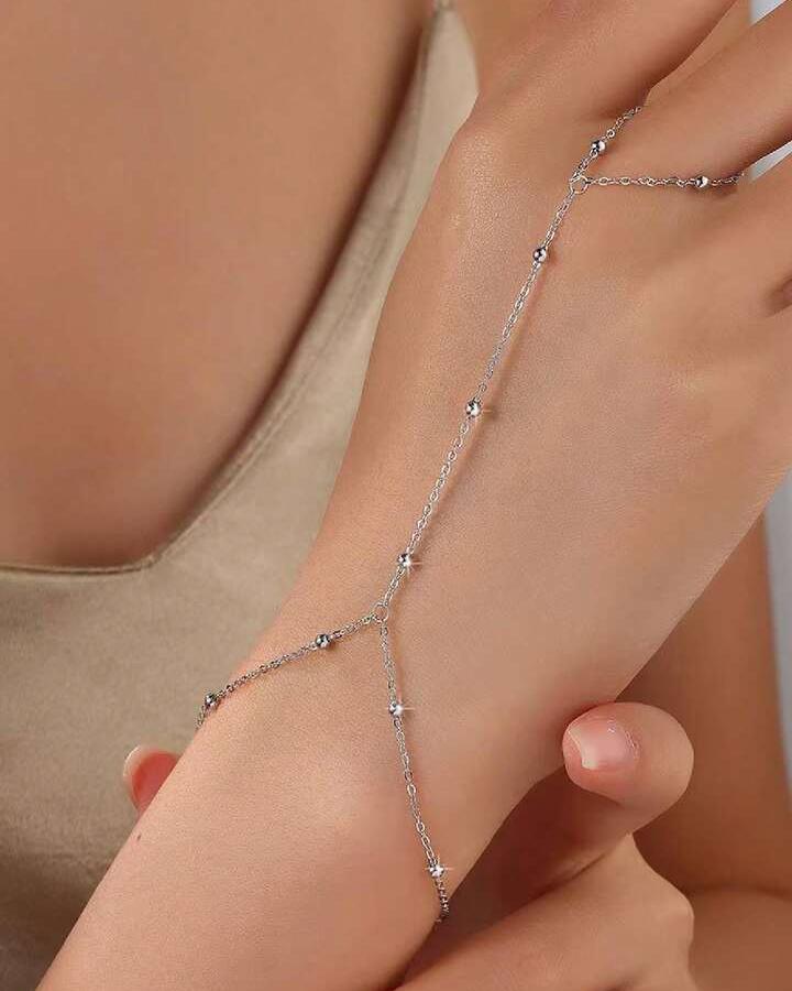 Beaded Silver Ring Cum Chain Bracelet