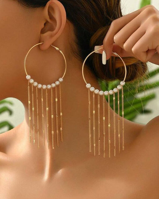 Round Hoop Earrings With Tassel Decoration