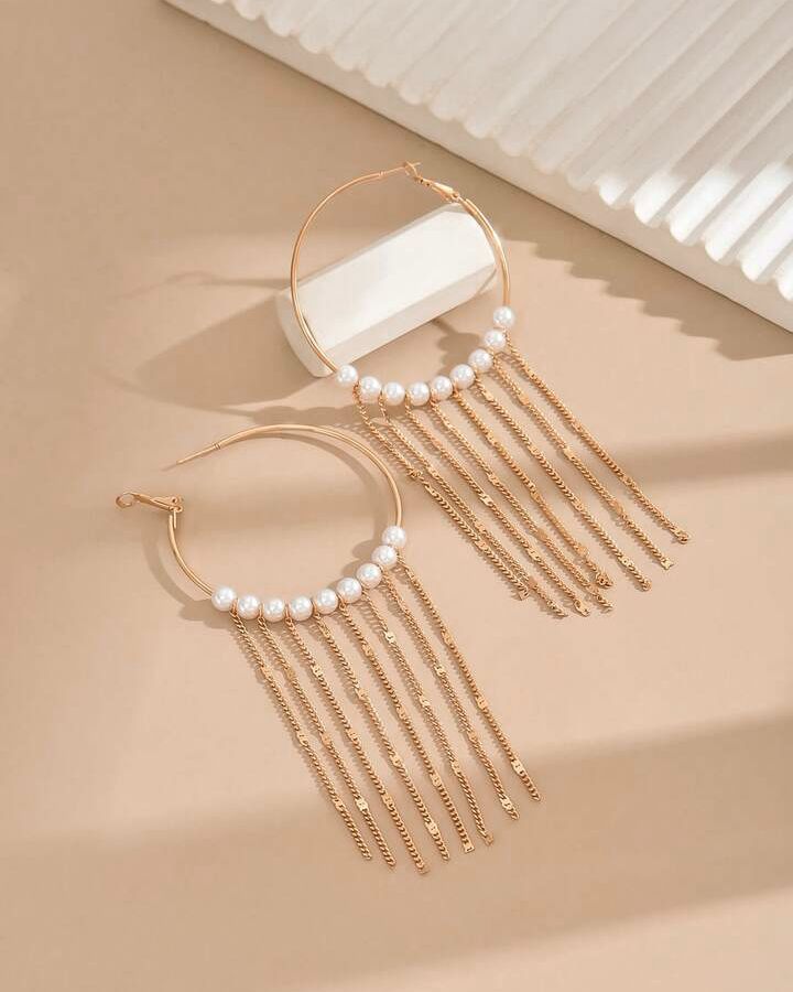 Round Hoop Earrings With Tassel Decoration