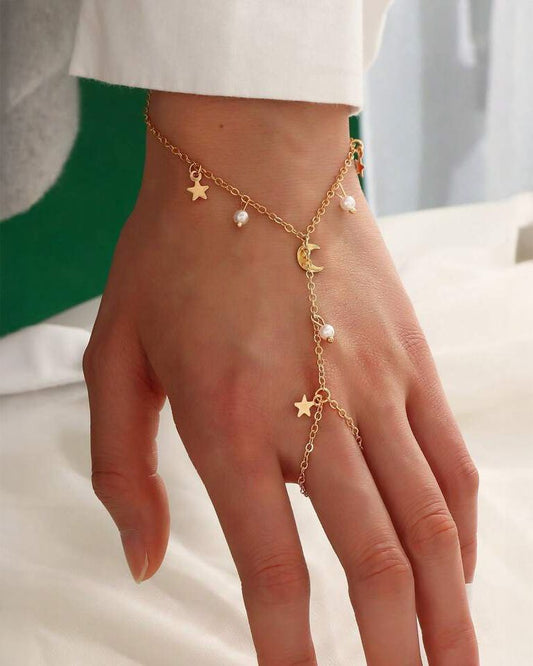 Moon Faux Pearl Pendant Finger Chain Bracelet