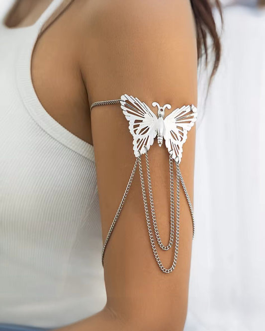 Big Butterfly Tassel Arm Chain Bracelet (Silver)