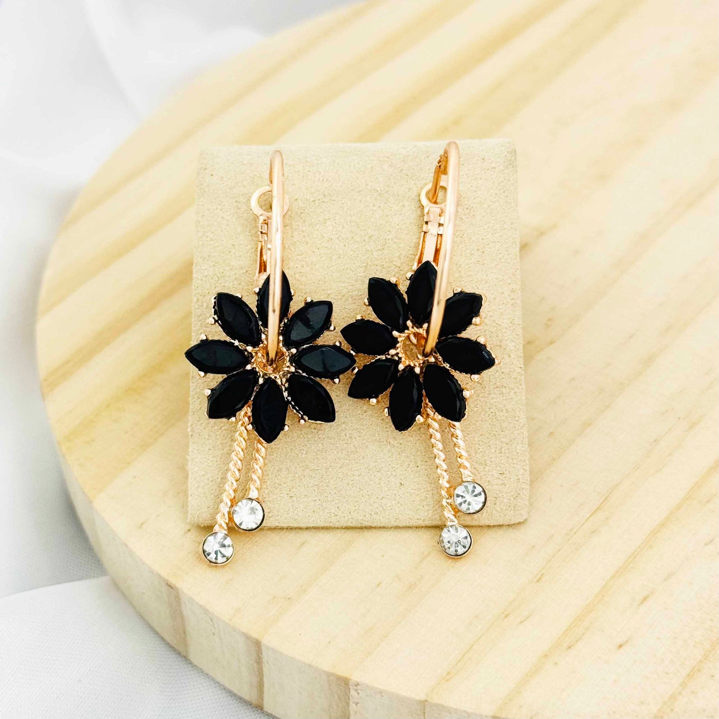 Black Flower Loop Drop Earrings