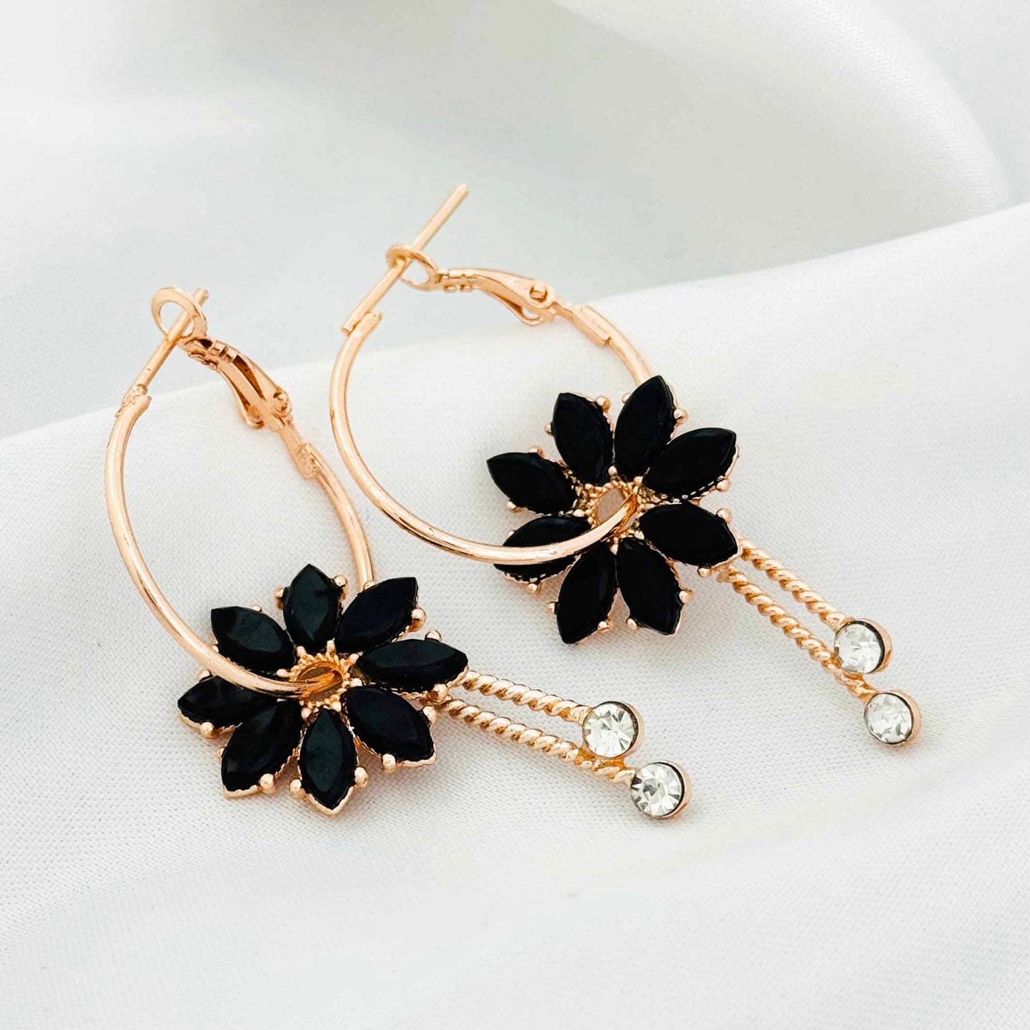 Black Flower Loop Drop Earrings