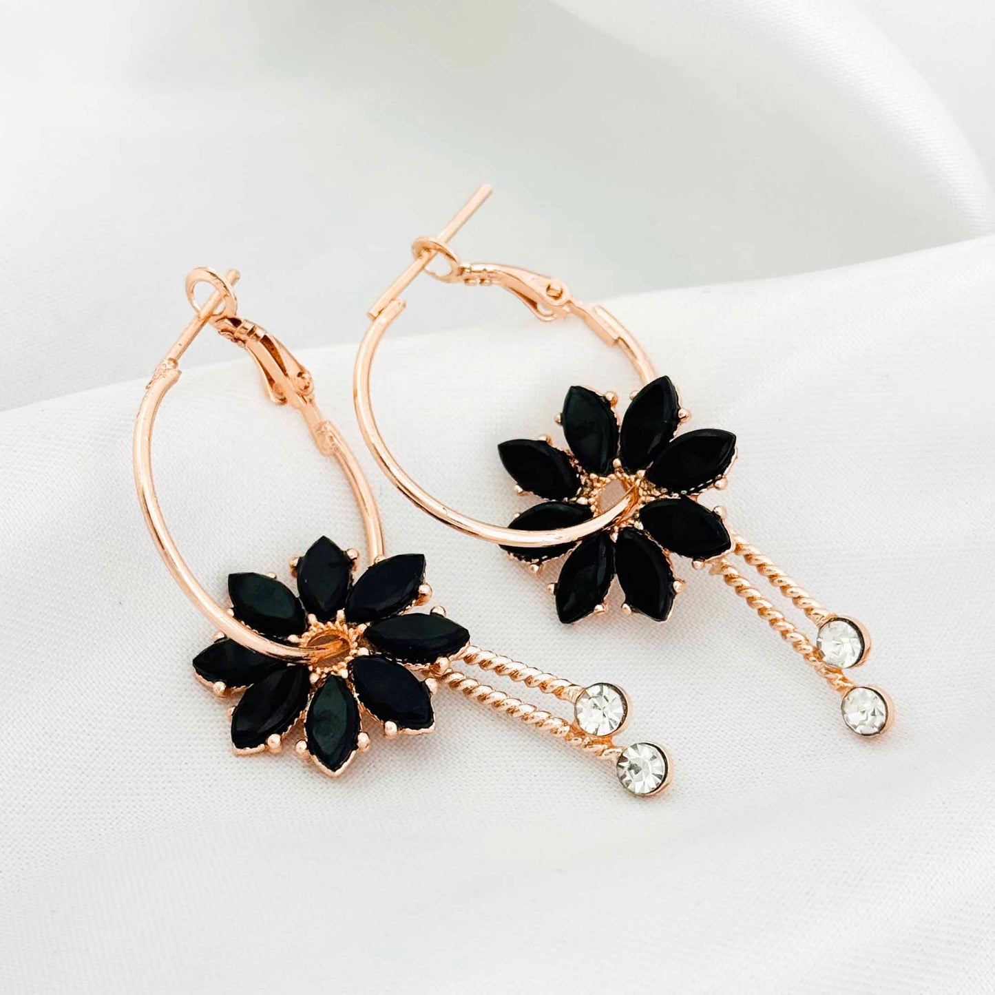 Black Flower Loop Drop Earrings