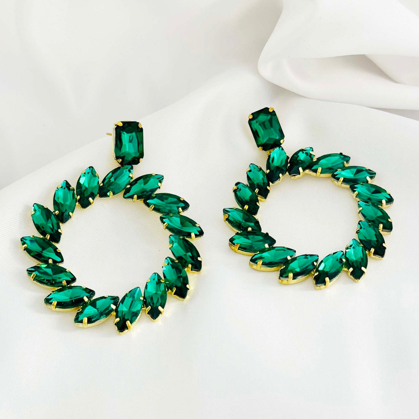 Green Diamond Stone Hoop Earrings