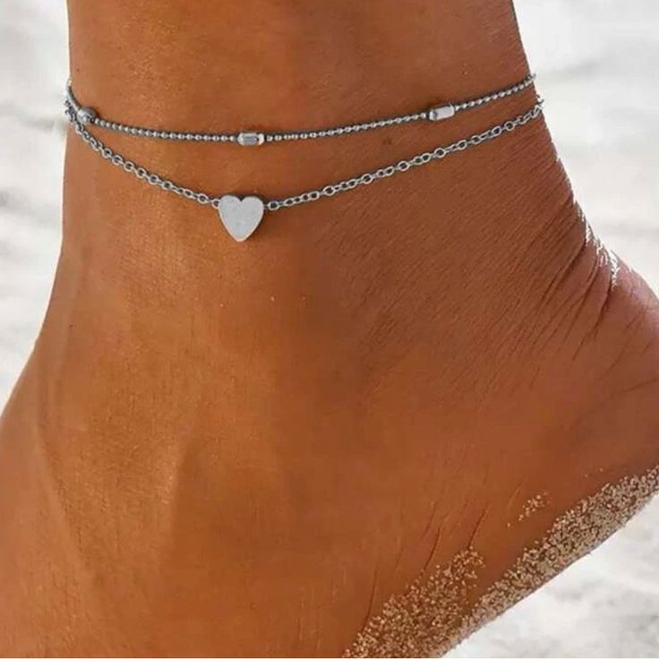 Double Chain Heart Silver Anklet