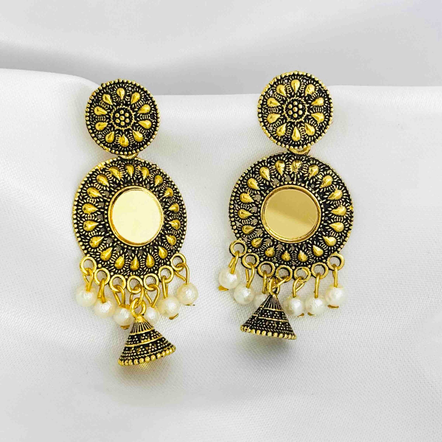 Golden Chandbali Mirror Oxidized Jhumkas