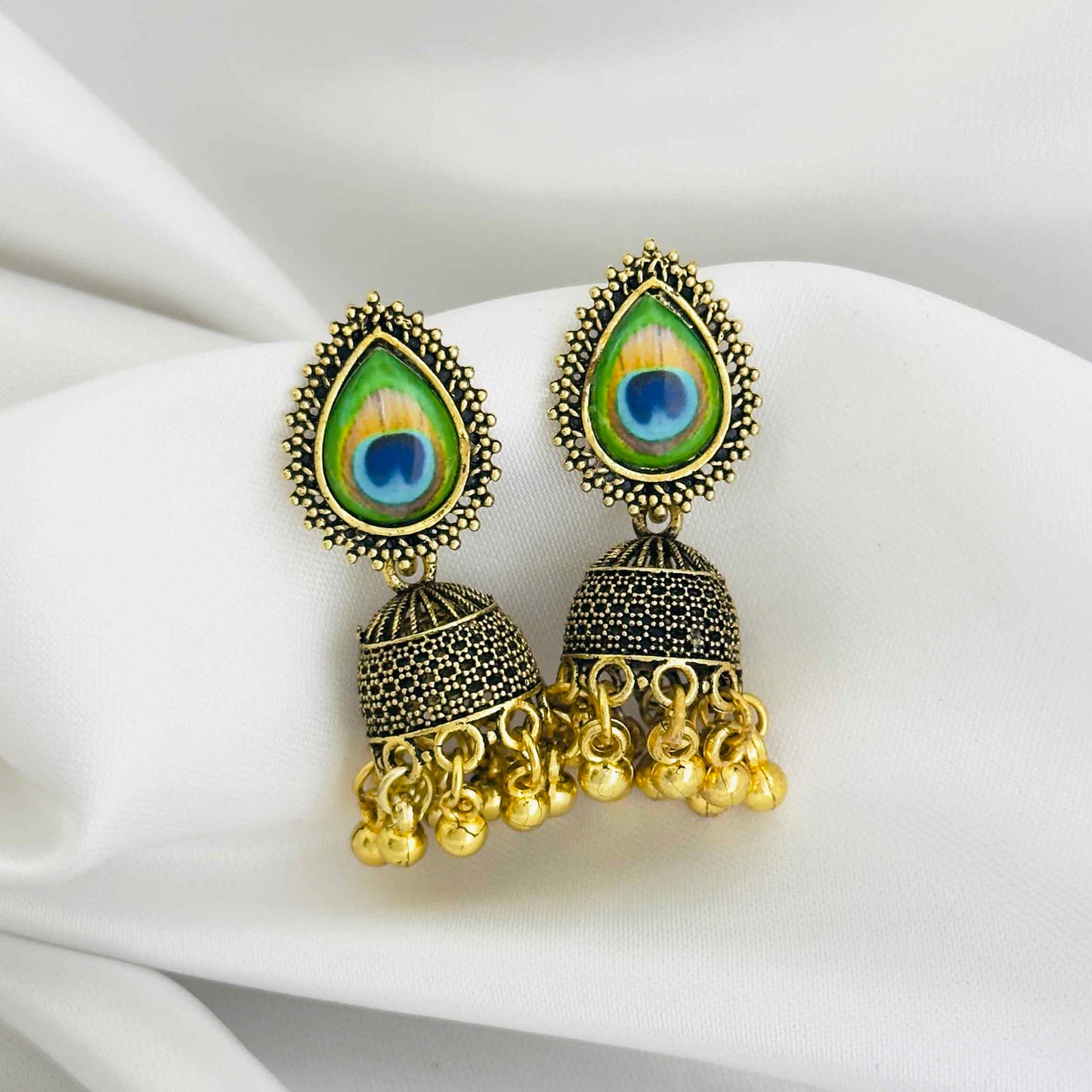 Peacock Feather Golden Oxidized Jhumkas