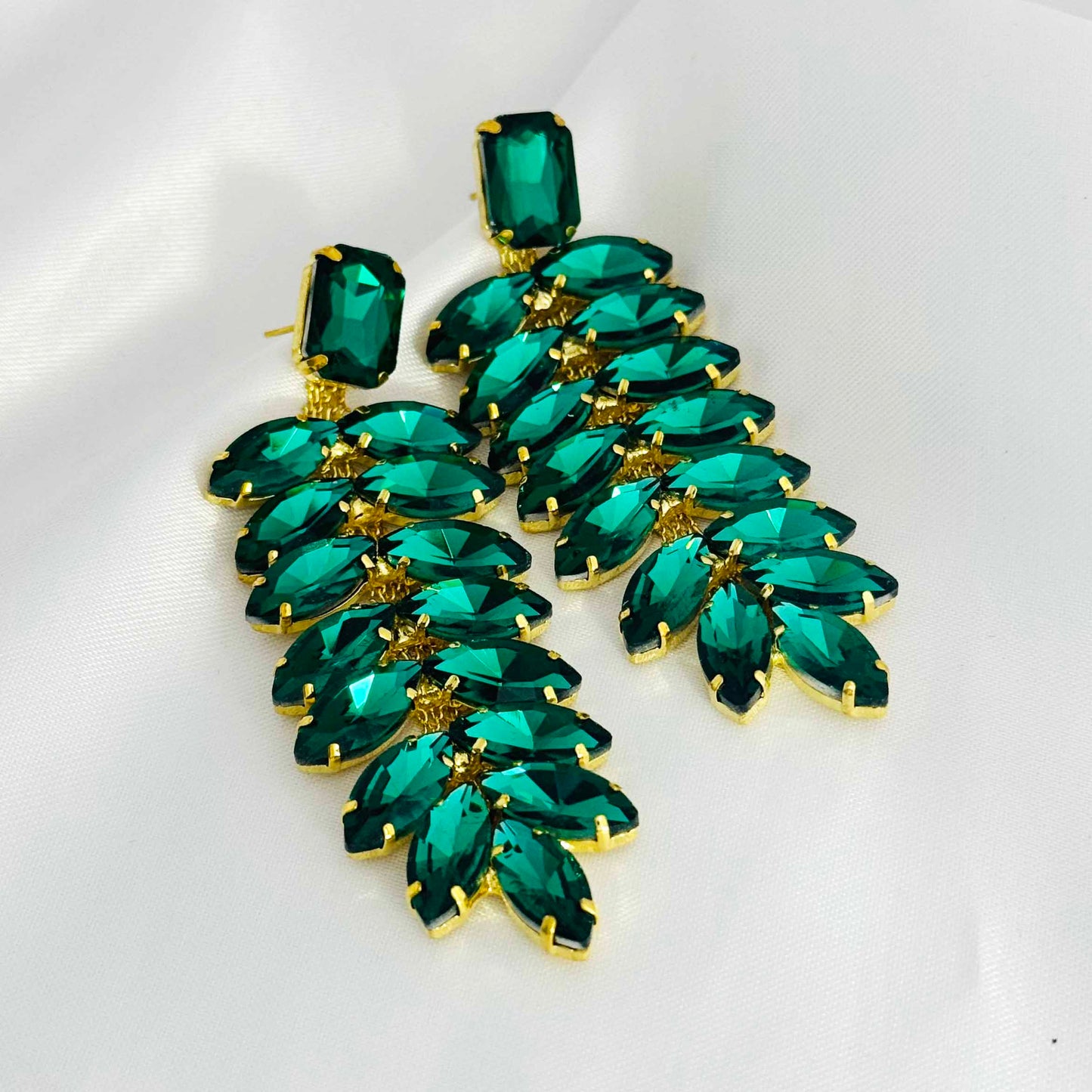 Green Diamond Stone Long Drop Earrings