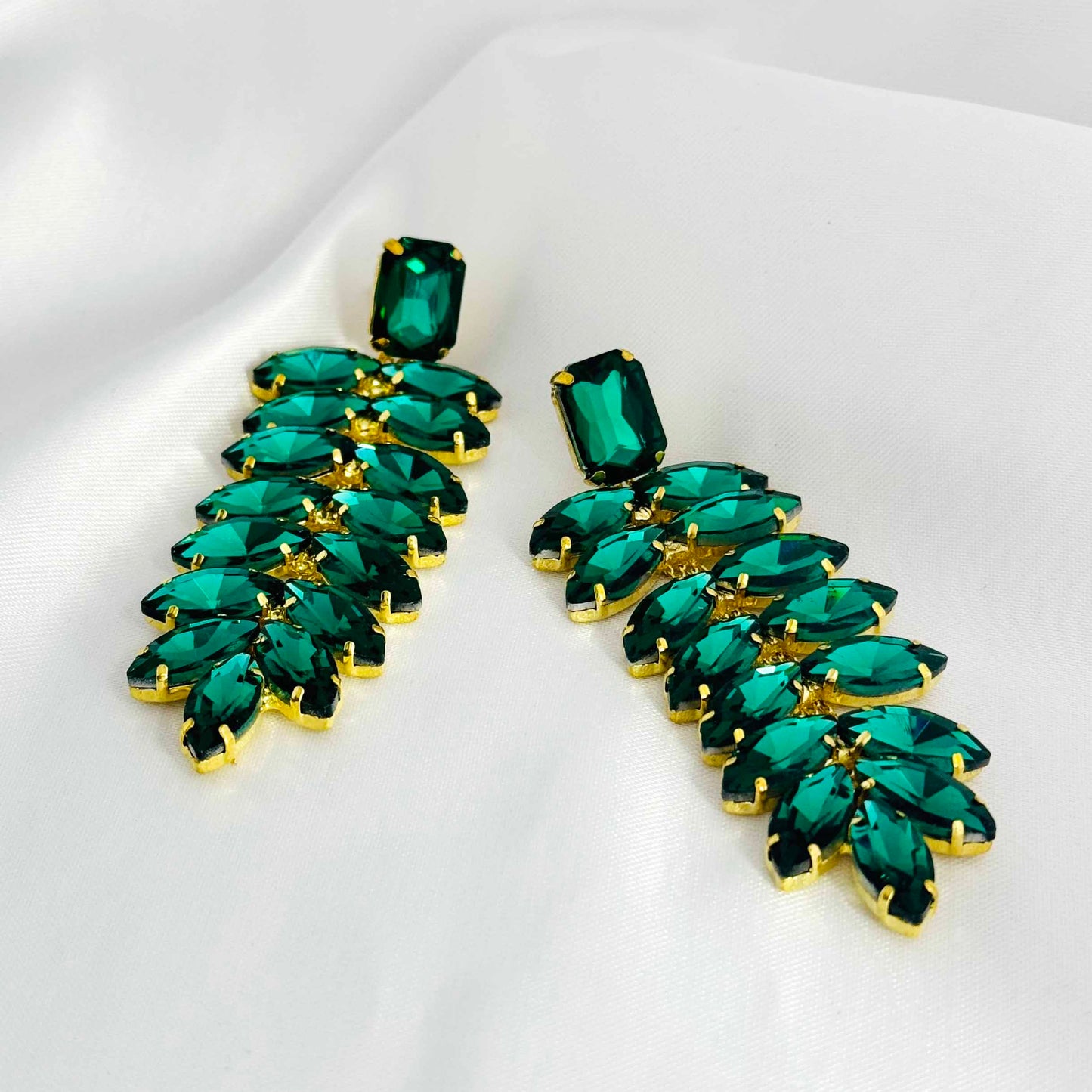 Green Diamond Stone Long Drop Earrings