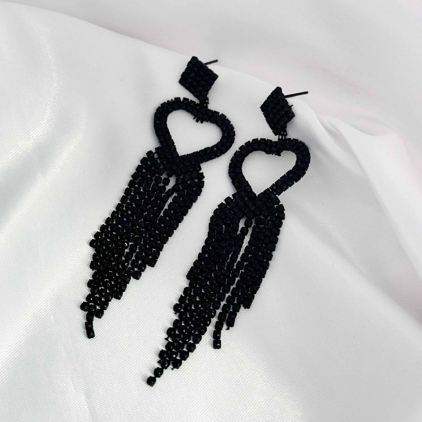 Heart Black Long Drop Diamond Earrings