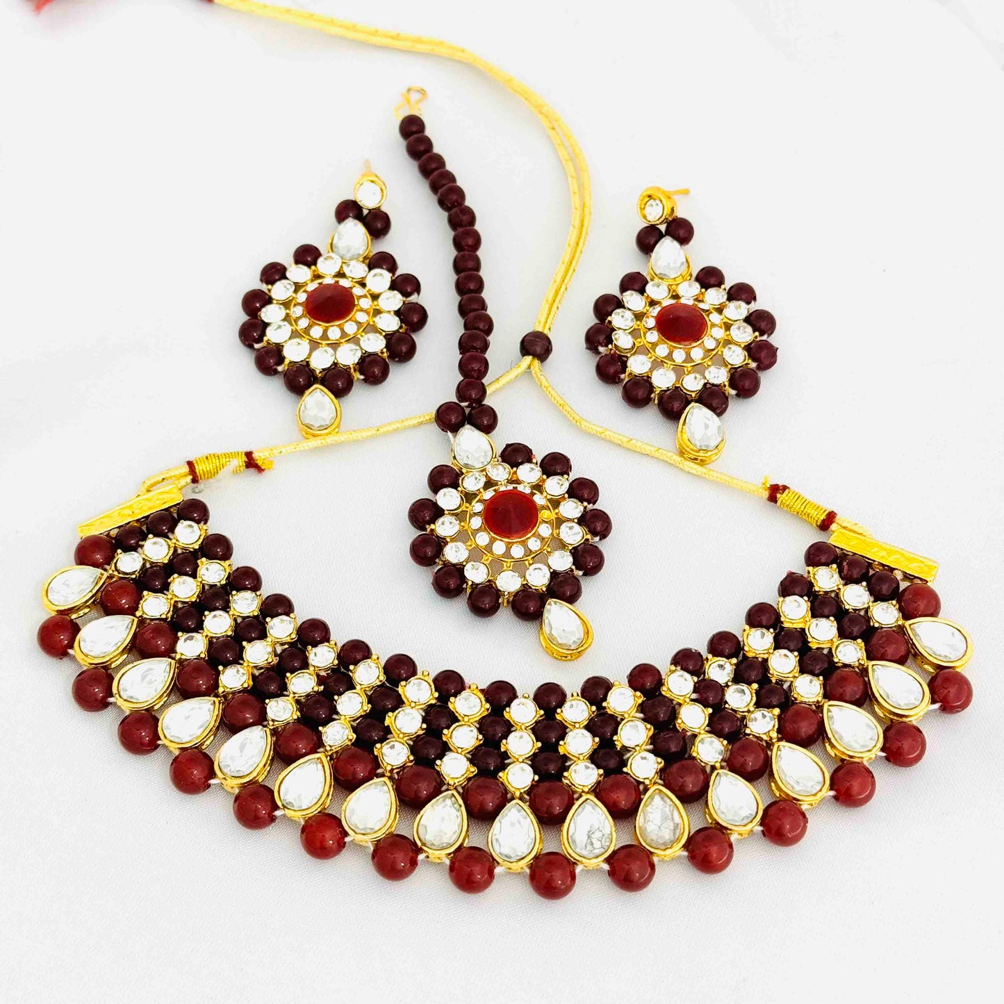 Maroon Pearl Kundan Set