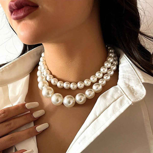 Double Pearl Statement Choker Necklace Set