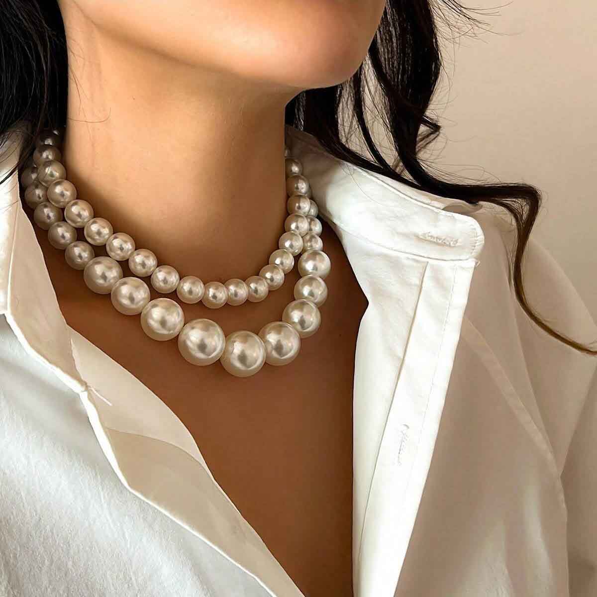 Double Pearl Statement Choker Necklace Set