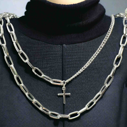 Silver Double Layered Cross Chain Necklace