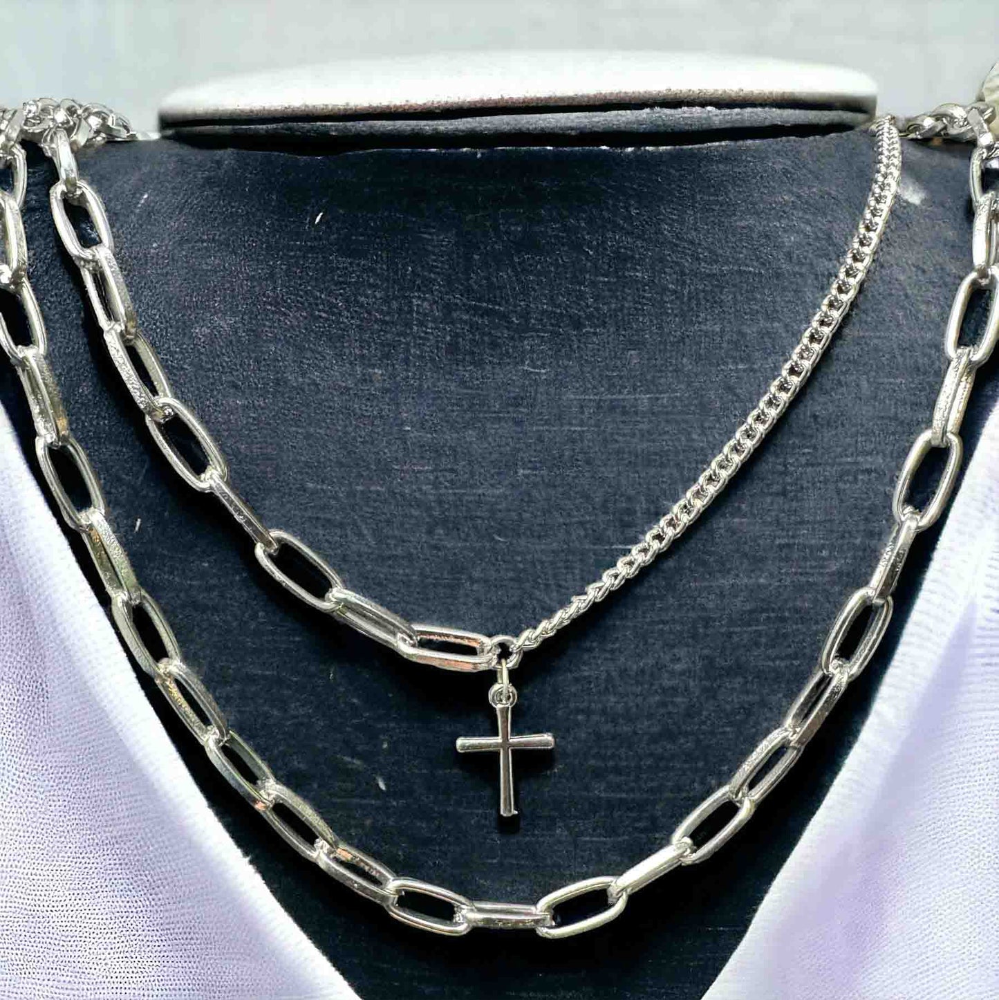 Silver Double Layered Cross Chain Necklace