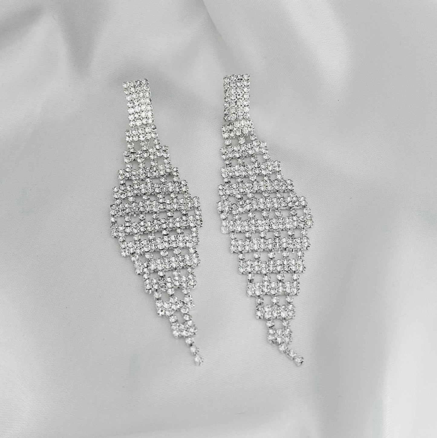 Silver Long Drop Diamond Earrings