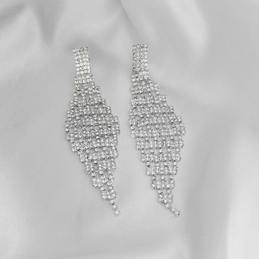 Silver Long Drop Diamond Earrings