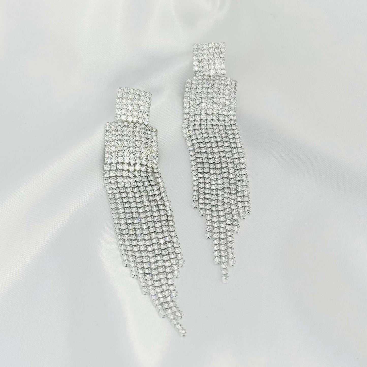 Silver Long Drop Diamond Earrings