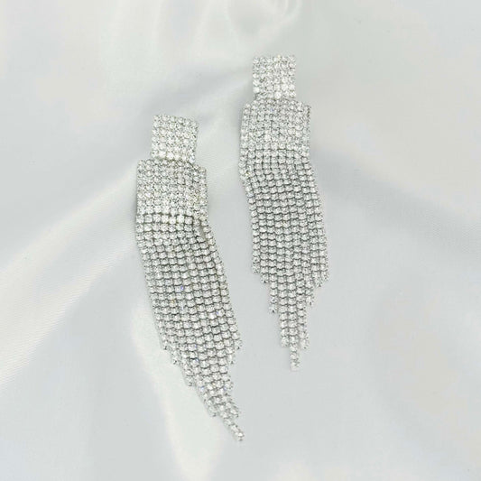 Silver Long Drop Diamond Earrings