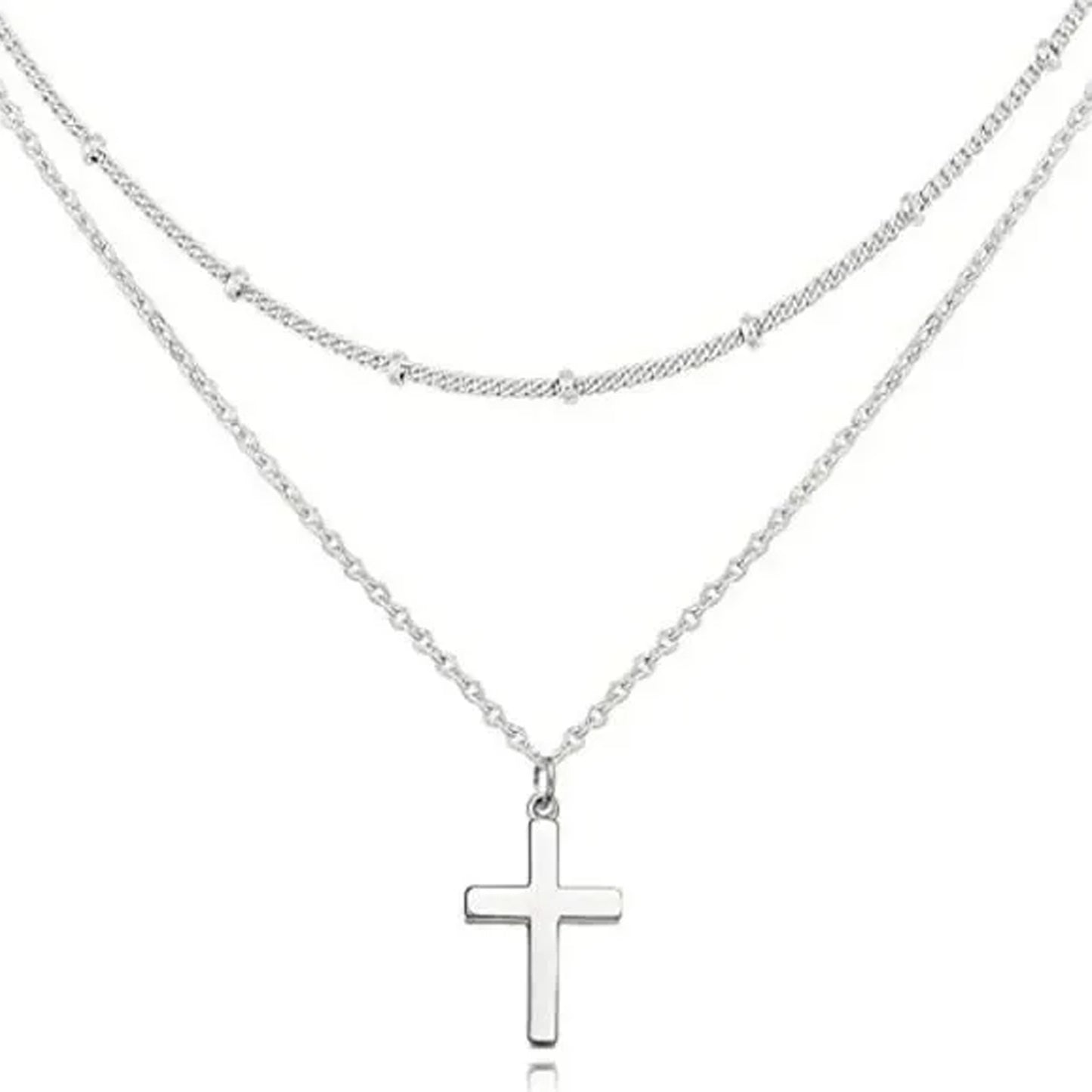 Double Chain Cross Silver Plated Necklace