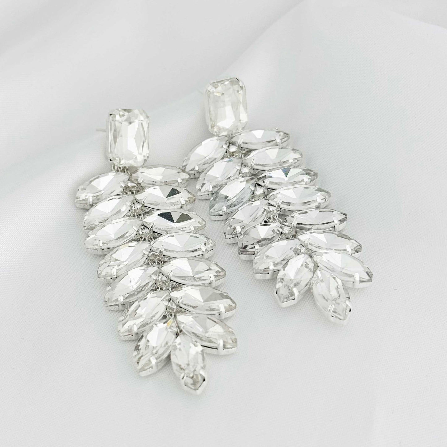 Silver Diamond Stone Long Drop Earrings