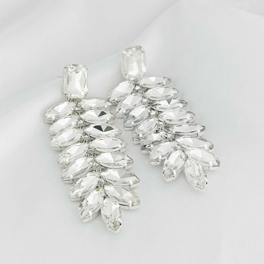 Silver Diamond Stone Long Drop Earrings