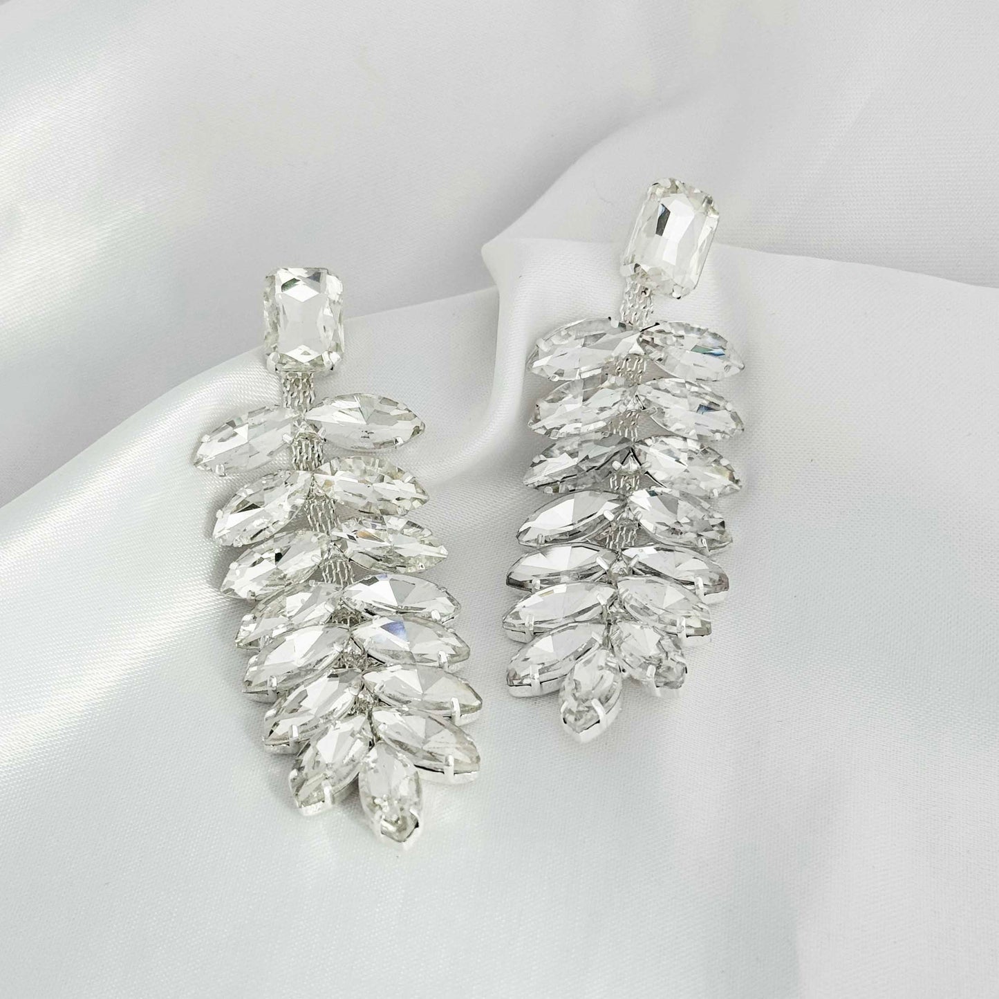 Silver Diamond Stone Long Drop Earrings