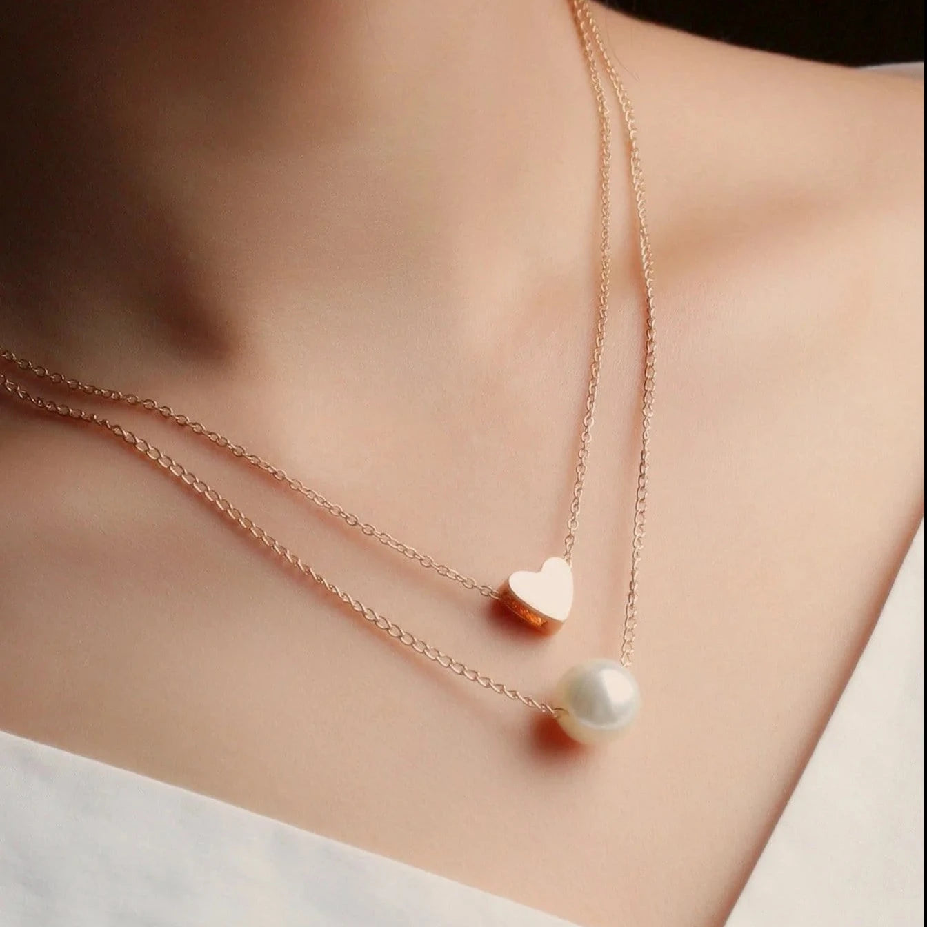 Small Heart & Pearl Double Rose Gold Layered Chain Necklace