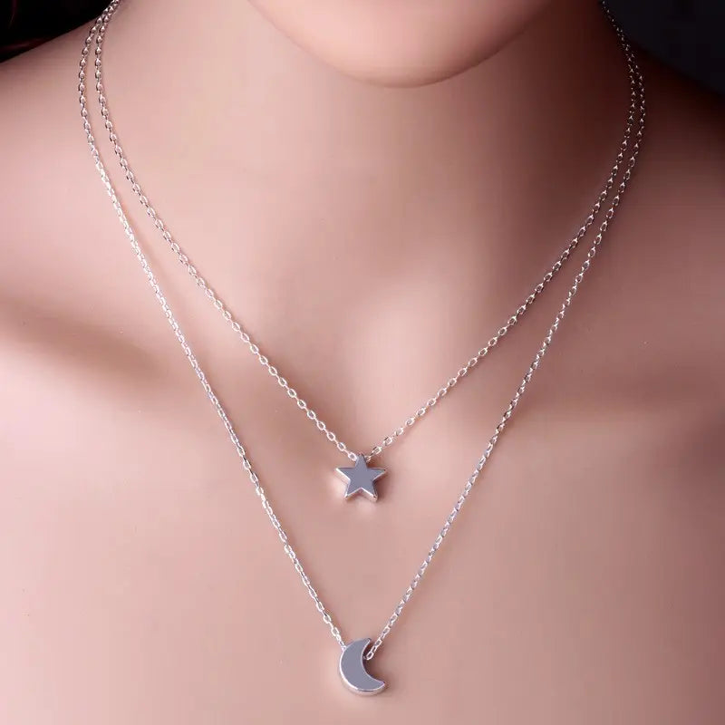 Star Moon Double Silver Layered Necklace