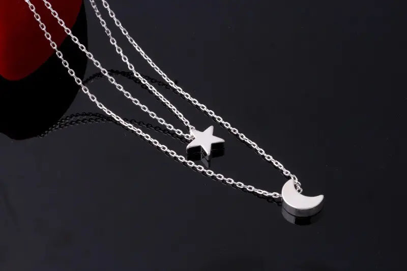 Star Moon Double Silver Layered Necklace