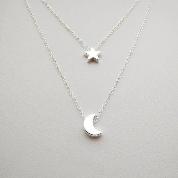 Star Moon Double Silver Layered Necklace