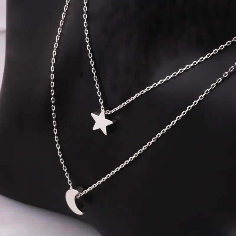 Star Moon Double Silver Layered Necklace